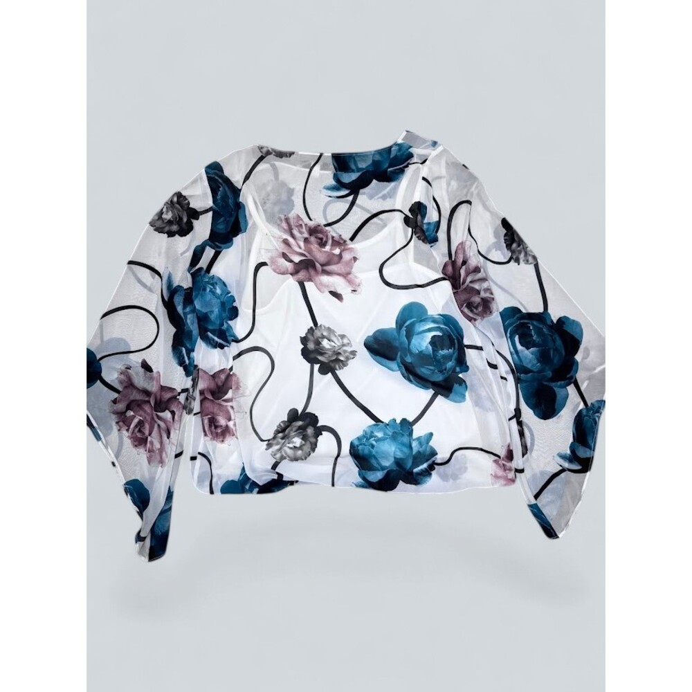 Floral Chiffon Blouse Medium White Blue Pink Layered Sheer Top - Picture 4 of 5